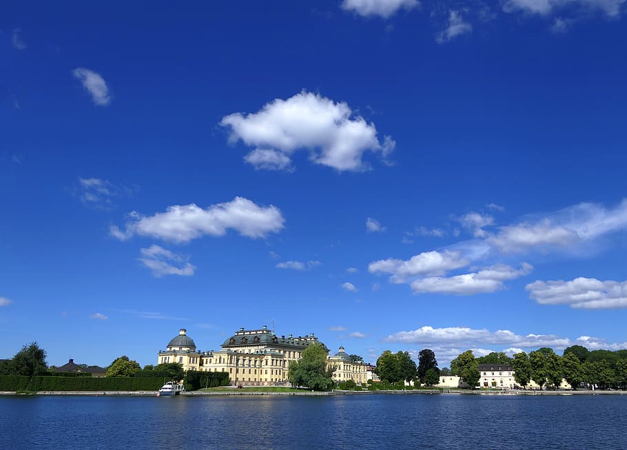 castle, drottningholm, summer residence, boat, sky, clouds, HD wallpaper