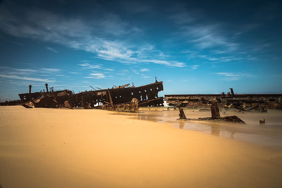 australia, fraser island, maheno shipwreck, sand, blue sky, HD wallpaper