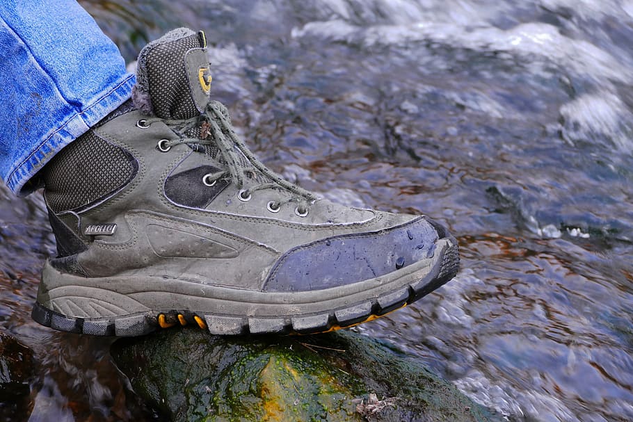 hiking, shoes, water, waterfall, legs, outdoor, outdoors, rock HD wallpaper