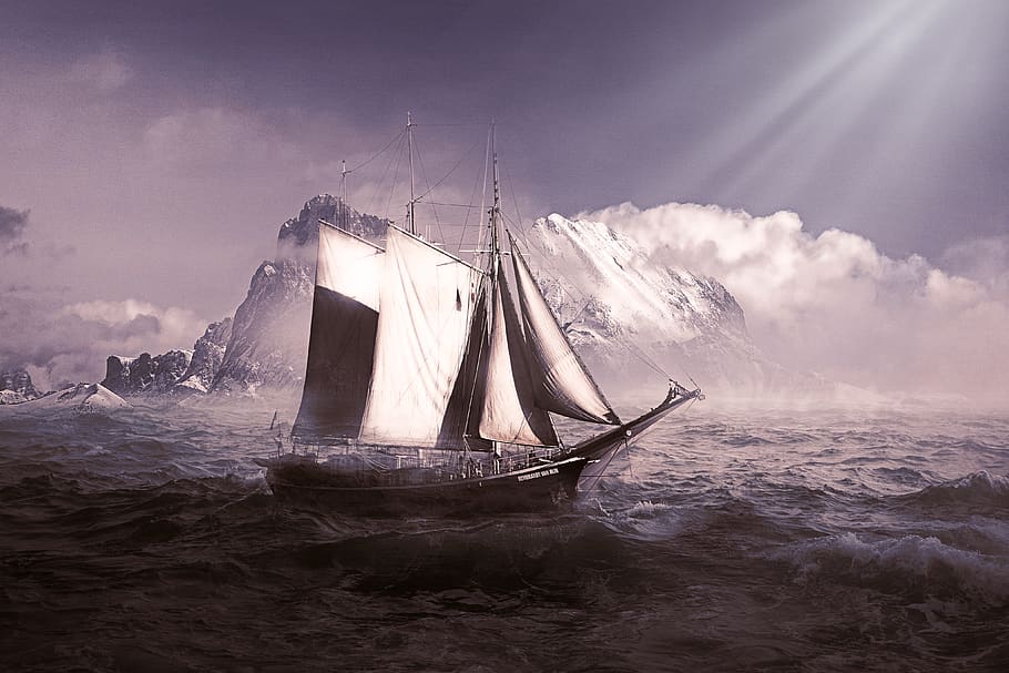 landscape, sea, water, ocean, sailboat, iceberg, mist, light HD wallpaper