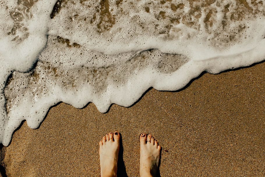 nature, beach, shore, sand, water, waves, people, feet, low section HD wallpaper