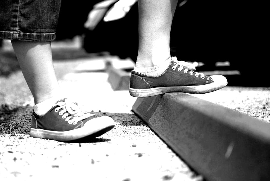 HD wallpaper: shoes, black and white, grayscale, grungy, parking lot ...