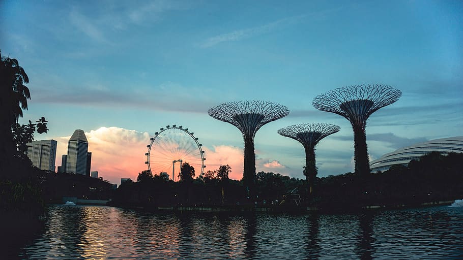 singapore, clouds, pastel, blue, pink, garden, gardens by the bay HD wallpaper