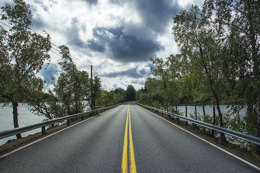 finland, kustavi, sky, clouds, highway, archipelago, trees, HD wallpaper