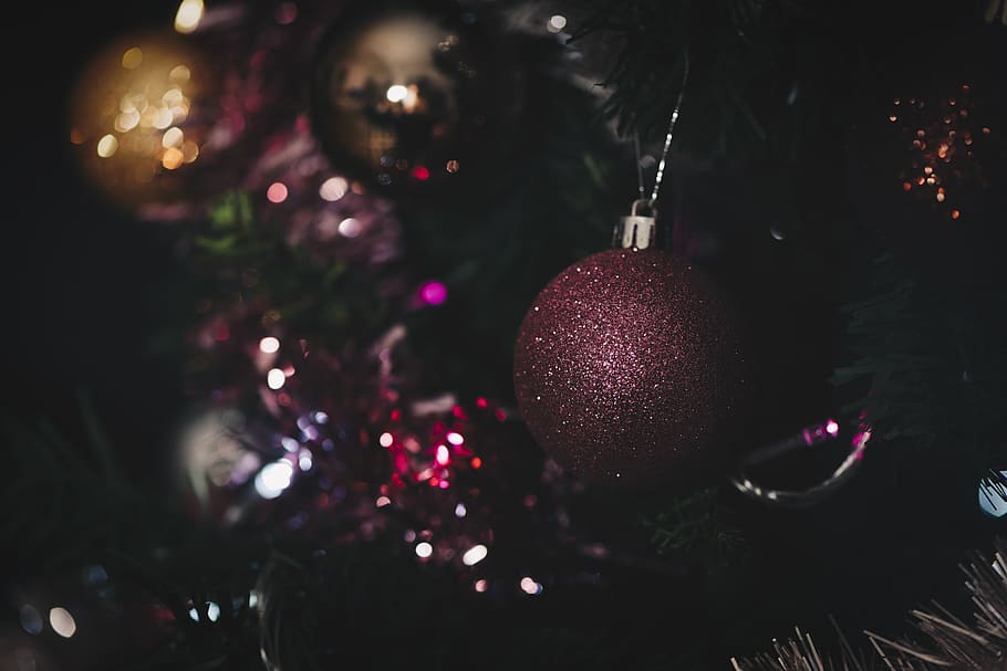 baubles hung on Christmas tree, decoration, dark, beautiful, holiday, HD wallpaper