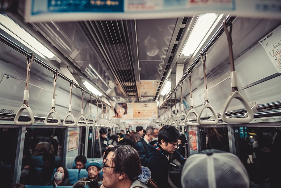 People Inside of a Train, commuters, indoors, lights, locomotive HD wallpaper
