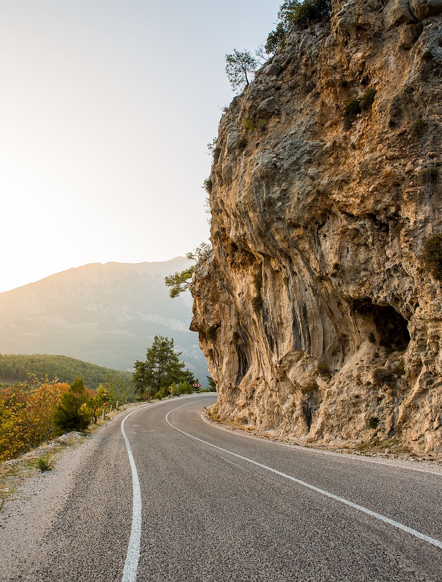 gray concrete road, asphalt, tarmac, highway, nature, cliff, outdoors HD wallpaper
