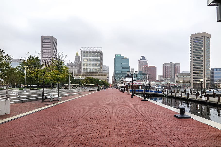 Brick walkway near waterfront in Baltimore, Maryland., architecture, HD wallpaper