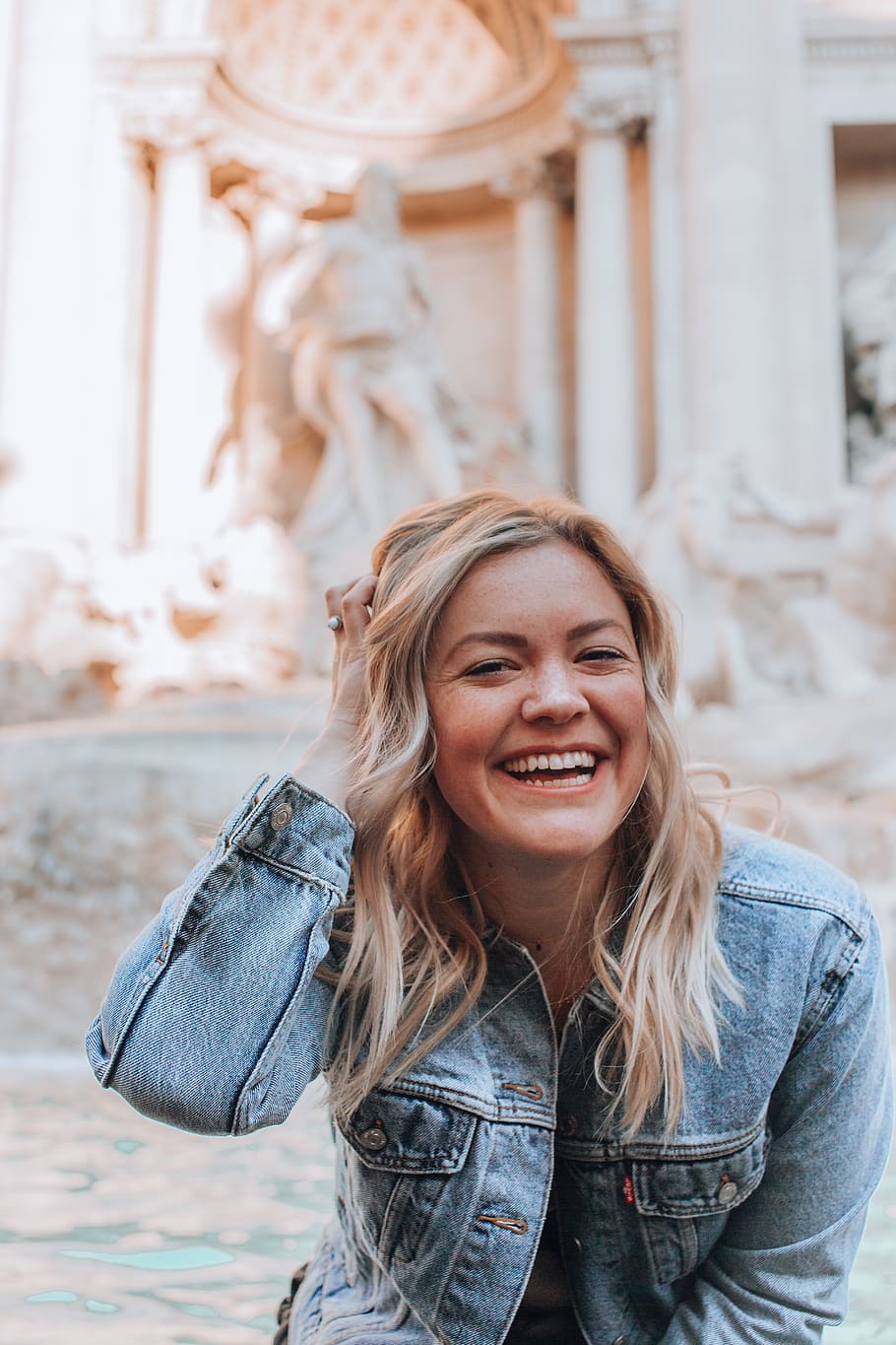 women's blue denim jacket, smiling, one person, hair, casual clothing HD wallpaper
