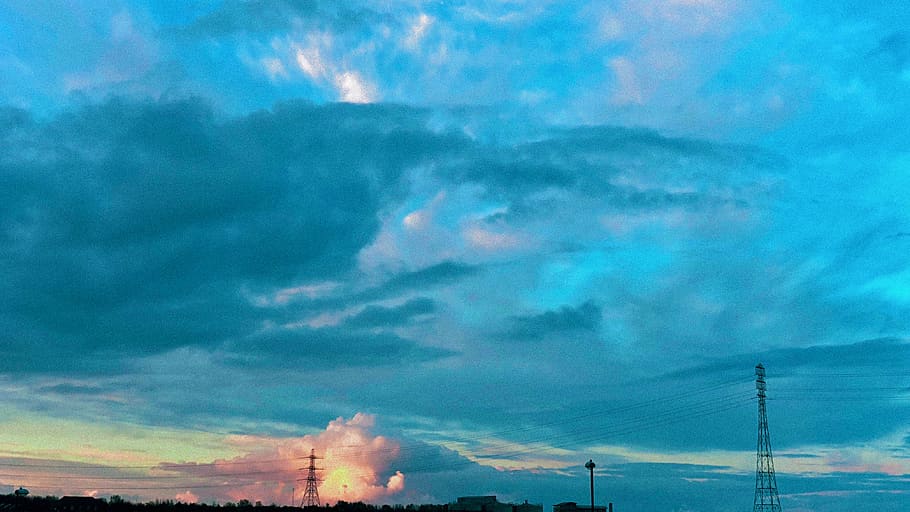 sky, dusk, sunset, day, clouds, powerlines, trees, cloud - sky HD wallpaper