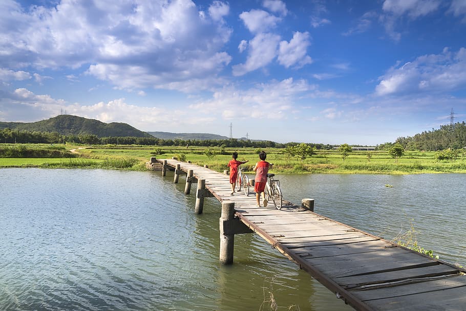 Two Boys Holding Bicycles Crossing Bridge, blue sky, children HD wallpaper