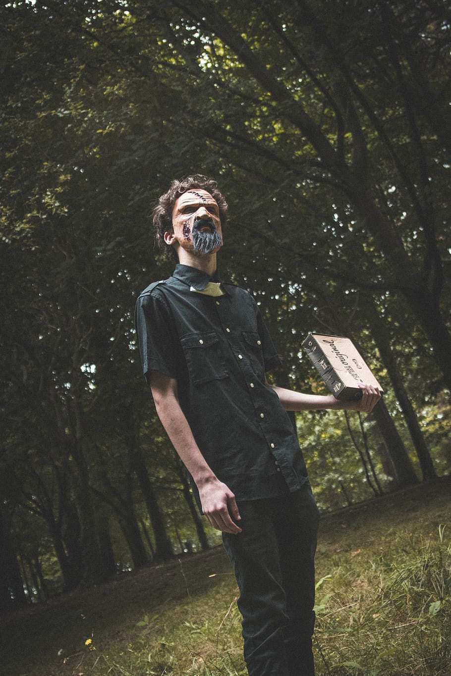 trees, forest, summer, mask, box, black, pray, plant, young men HD wallpaper