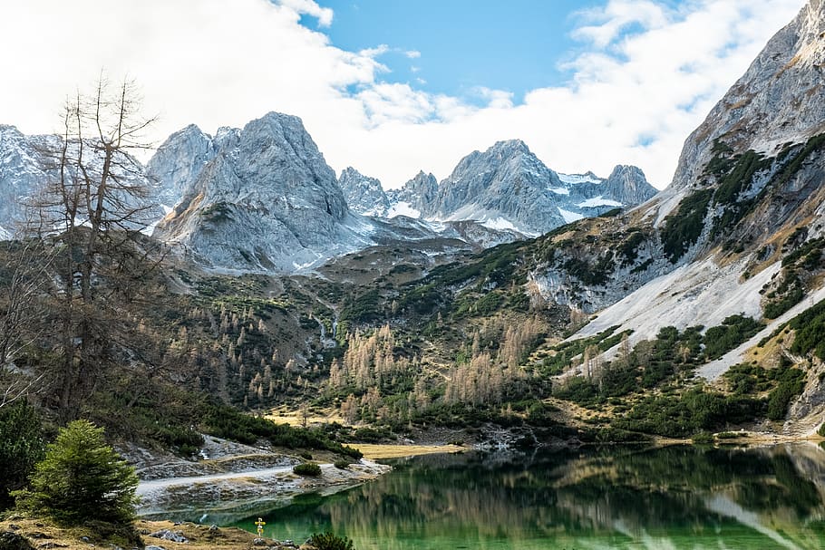 lake, mountain, trees, seebensee, austria, ehrwald, reflection HD wallpaper