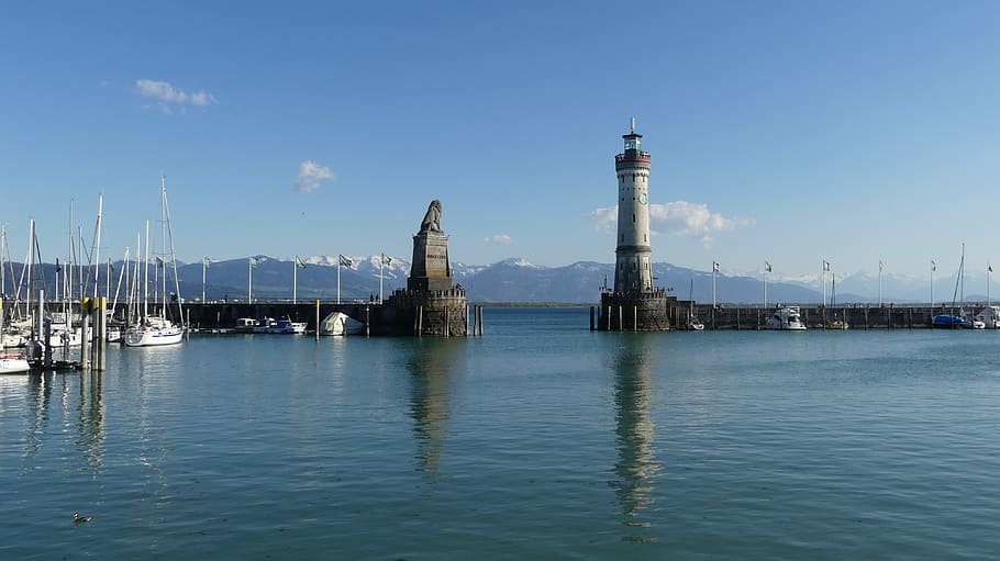 lake, lighthouse, water, sky, nature, landscape, clouds, mood HD wallpaper