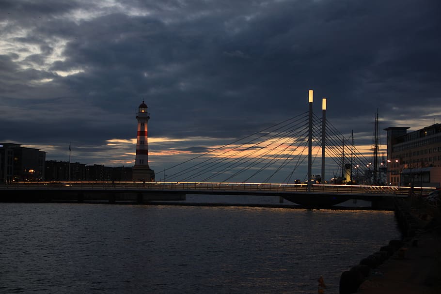 Malmö, bridge, night, lighthouse, built structure, architecture HD wallpaper