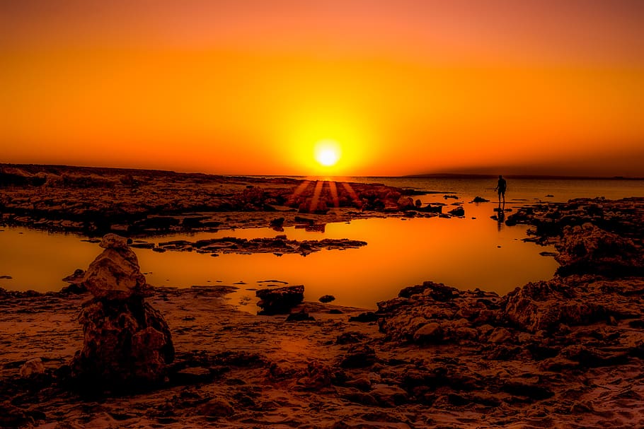 sunset, rocky coast, sea, nature, landscape, dusk, evening HD wallpaper
