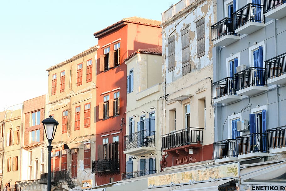 greece, chania, building, buildings, old town, windows, building exterior HD wallpaper