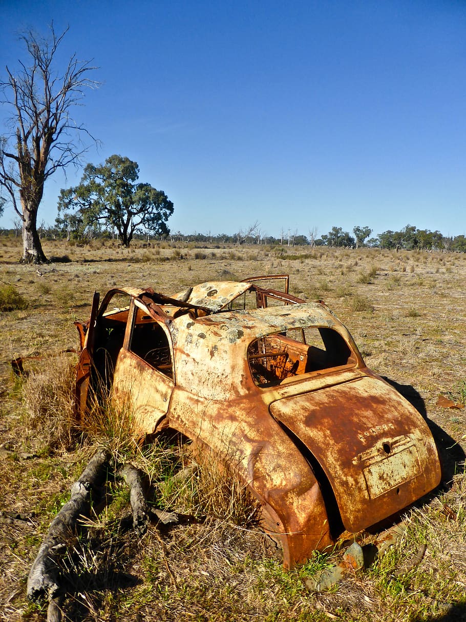 rusty, ruin, abandoned, vehicle, car, decay, metal, field, sky HD wallpaper