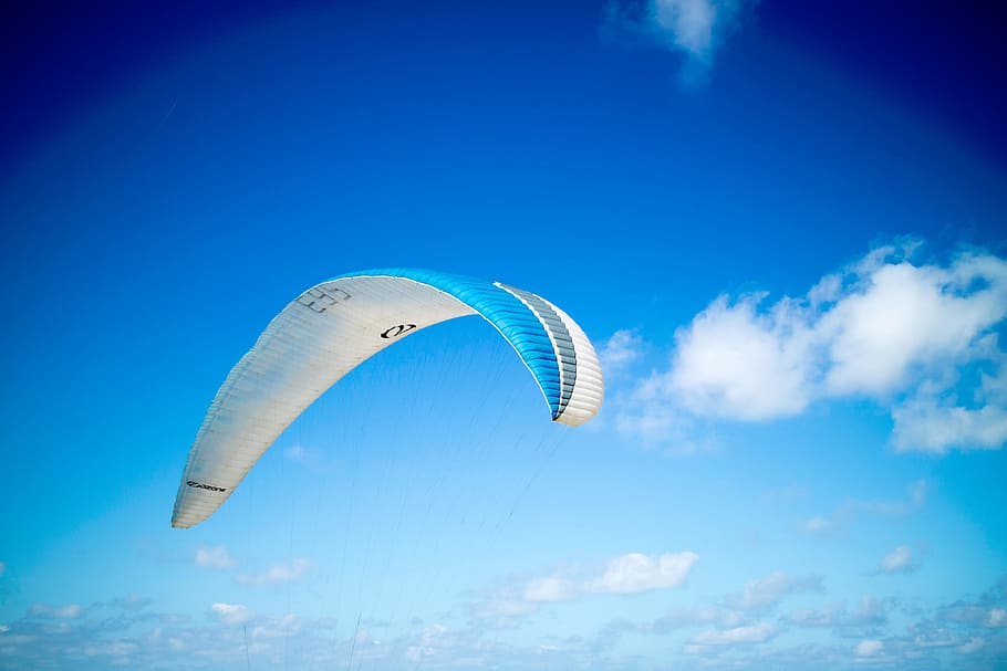 nature, sky, clouds, parachute, blue, white, flying, cloud - sky HD wallpaper