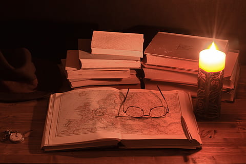 notebook, books, old books, glasses, candle, retro, vintage HD wallpaper