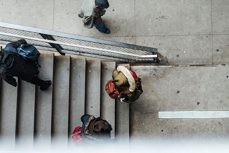 four person walking on stair, human, clothing, apparel, footwear HD wallpaper