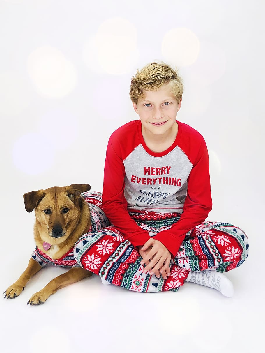 christmas boy, dog, red, pajamas, youth, young boy, pets, domestic HD wallpaper