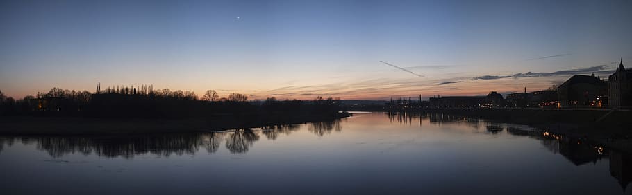 germany, dresden, pieschen, reflection, trees, sunset, water HD wallpaper