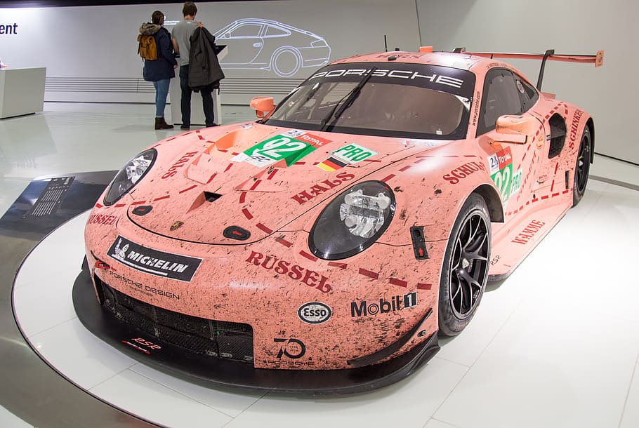pink coupe, automobile, car, vehicle, transportation, human, person HD wallpaper