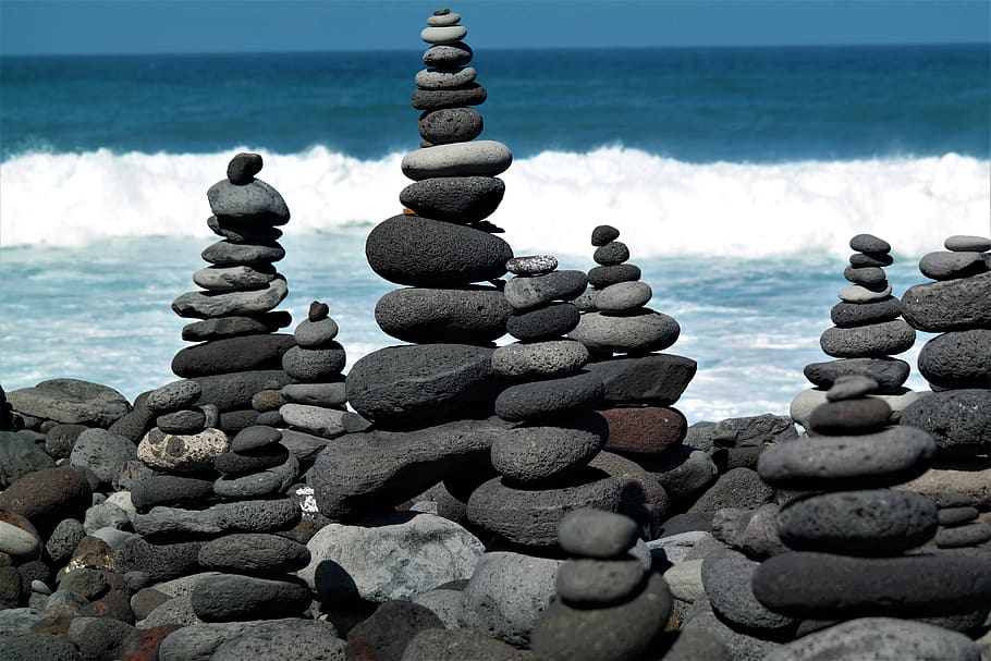 stone tower, beach, water, ocean, balance, meditation, relaxation