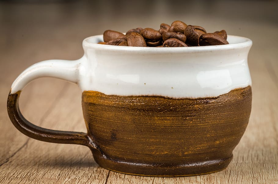 Brown and White Cup, aroma, background, beans, blurred background, HD wallpaper