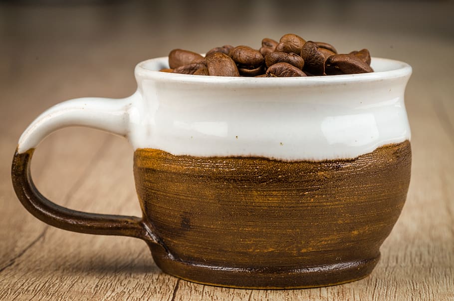 Brown and White Cup, aroma, background, beans, blurred background HD wallpaper