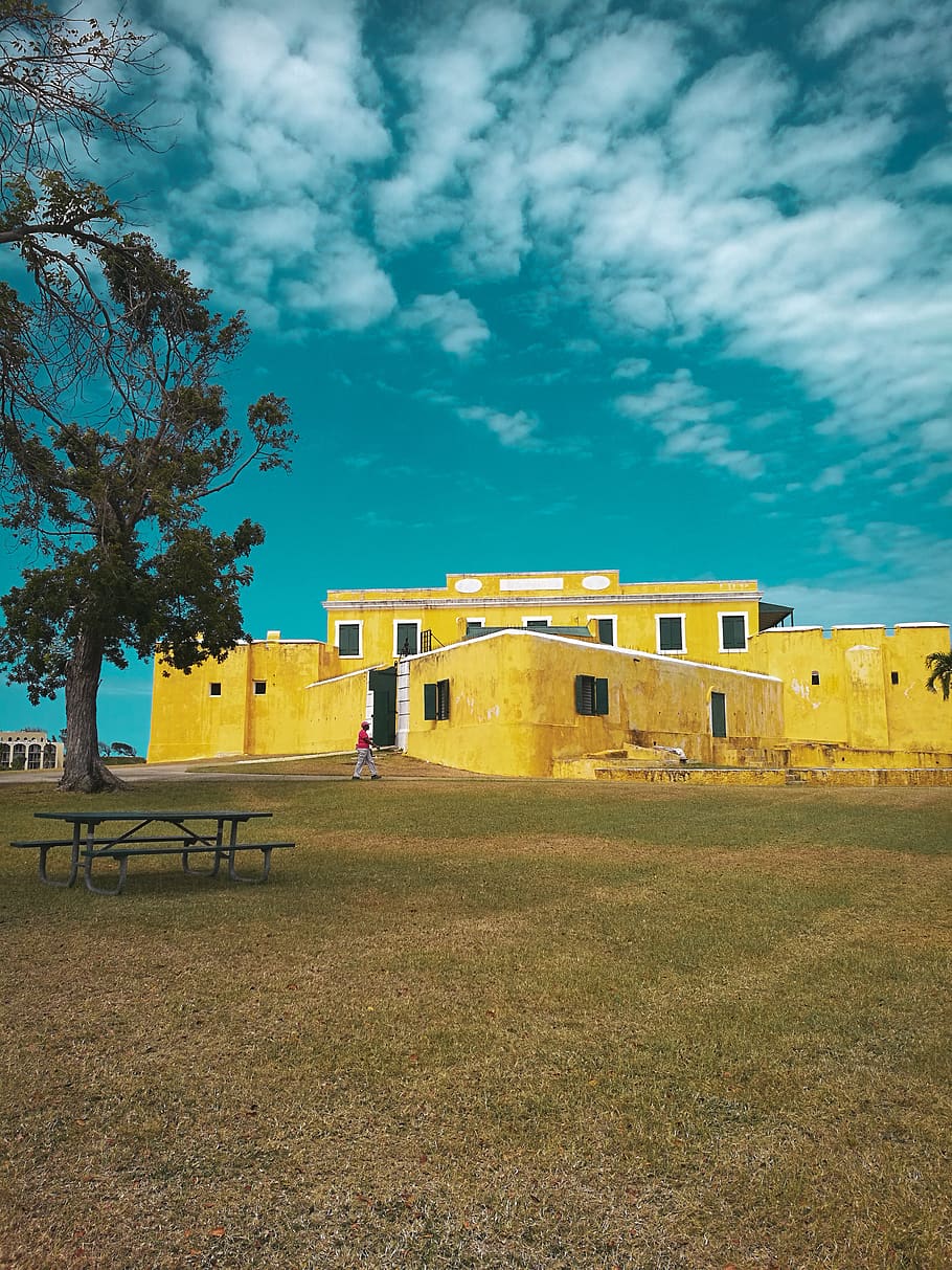 Yellow Concrete Building, architecture, sky, cloud - sky, plant HD wallpaper