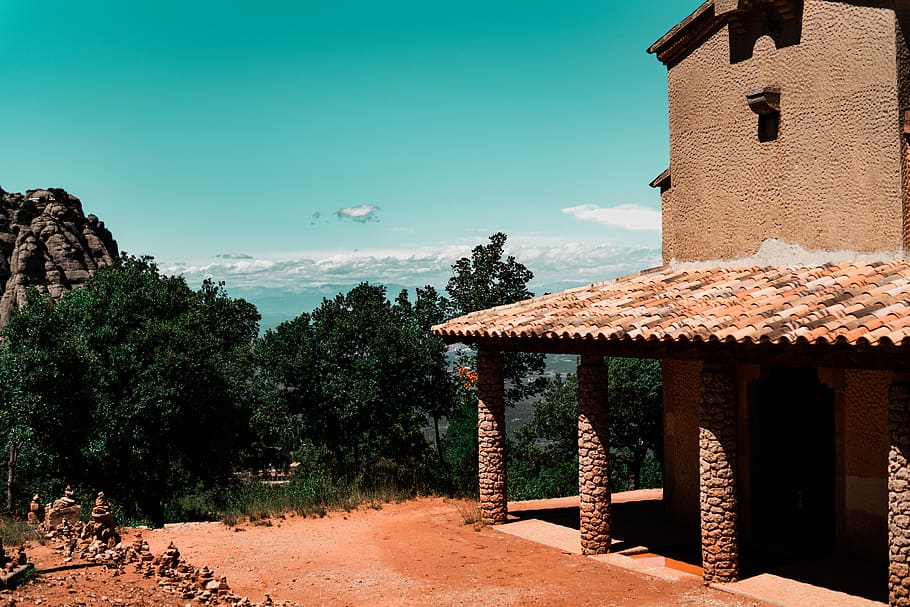 spain, montserrat, trees, cloud, clouds, sky, house, stones HD wallpaper