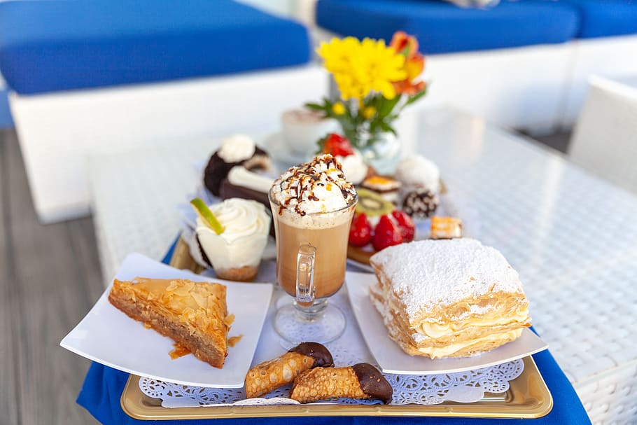 Sweet Desserts, baking, baklava, cake, chocolate, coffee drink HD wallpaper