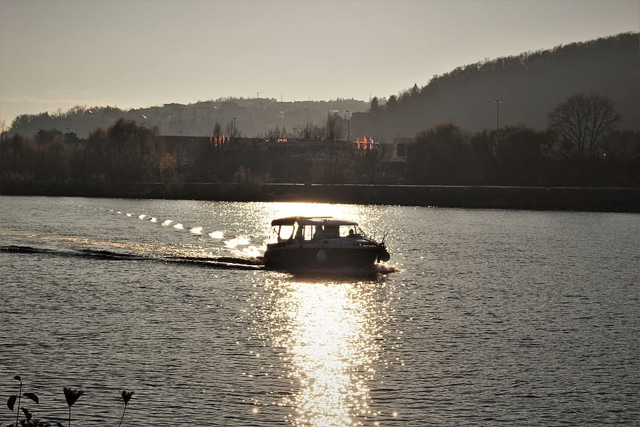 river, ship, sun, fall, autumn, light, water, reflection, nautical vessel HD wallpaper