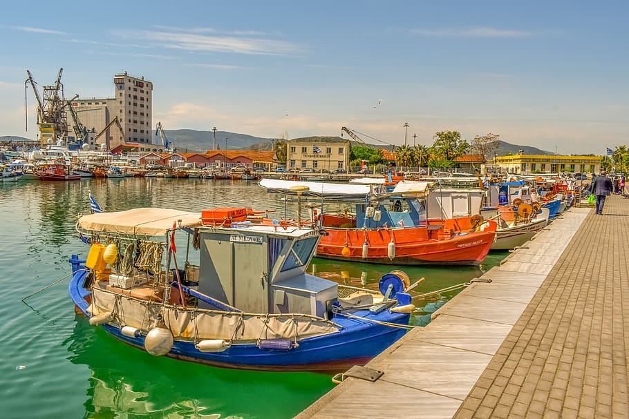 boats, port, harbour, sea, dock, town, volos, greece, nautical vessel, HD wallpaper