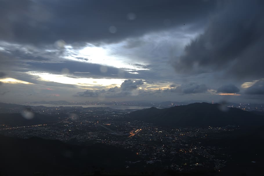 night, city, sky, cloud, sunset, raindrops, lens, wet, skylight HD wallpaper