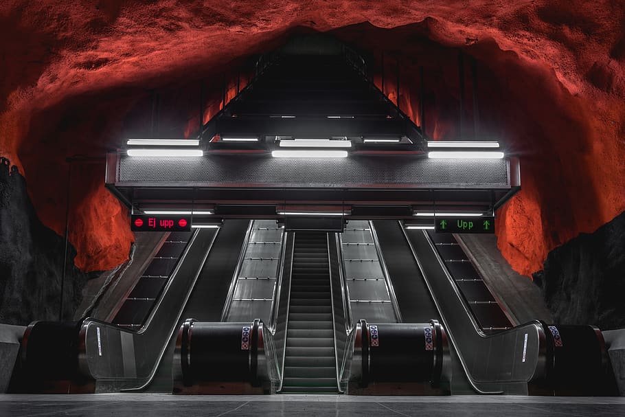 empty gray escalator, indoors, red, architecture, no people, illuminated HD wallpaper