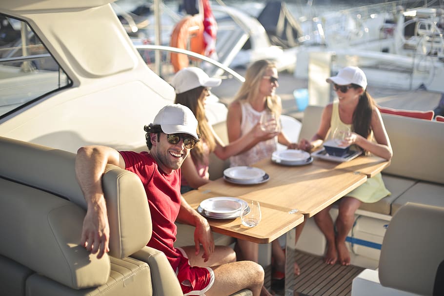 Picture of Four People Eating in a Yacht, adult, beauty, boat