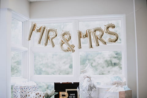 Mr. and Mrs. balloons, text, home decor, furniture, room, indoors HD wallpaper