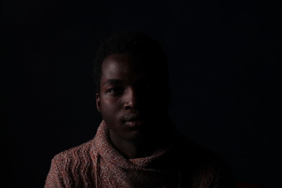 Man's Face, dark, light, person, profile, serious, studio, sweater HD wallpaper