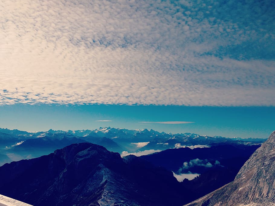 mountains, layers, blue, hue, cloud, clouds, snow, height, sky HD wallpaper