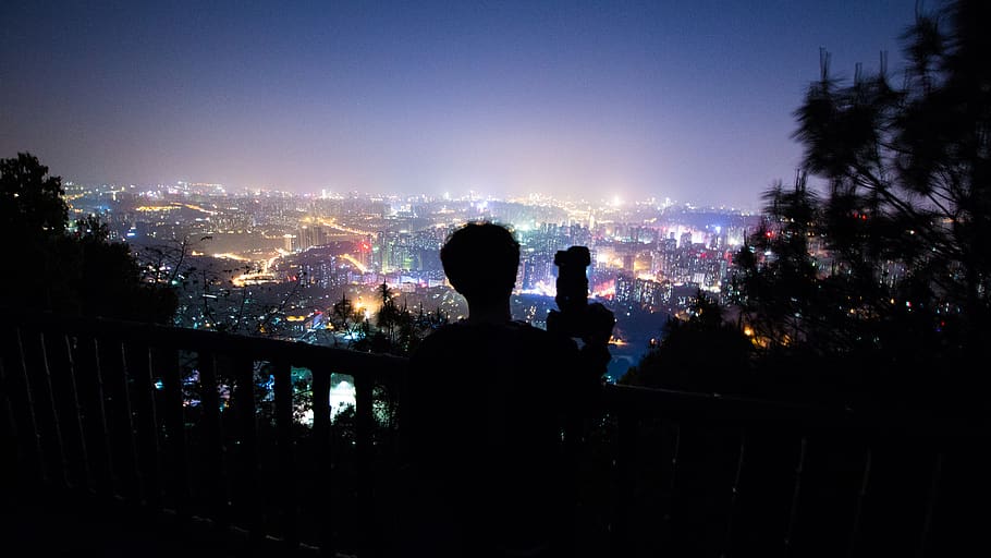 illuminated, night, architecture, city, rear view, silhouette HD wallpaper