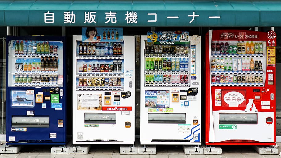 four white, red, and blue vending machines, human, person, street