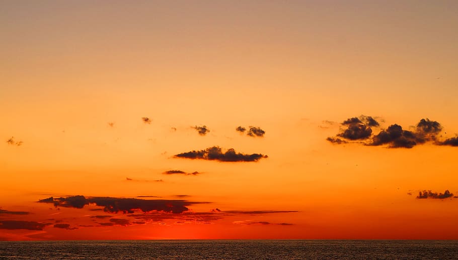 sunset, sky, clouds, dusk, mood, lake, ocean, lake erie, sea HD wallpaper
