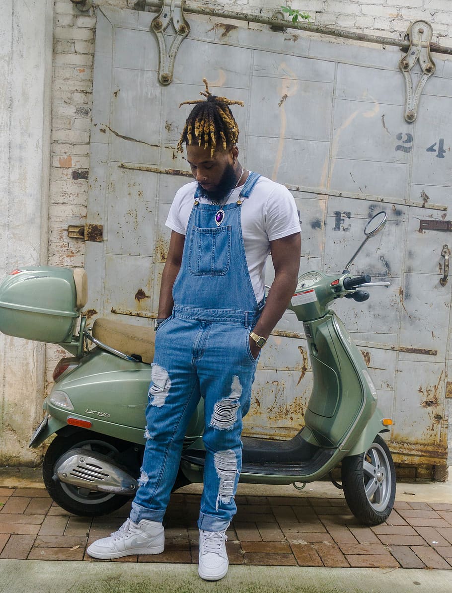 Man Standing Beside Green Motor Scooter, daylight, dreadlocks HD wallpaper