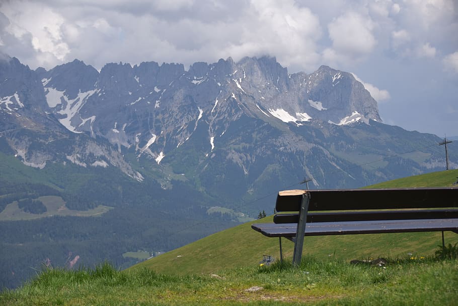 alpine, view, landscape, mountain landscape, hike, bench, beauty in nature HD wallpaper