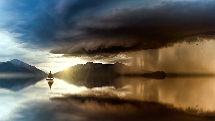 sea, forward, sailing boat, clouds, rain, ocean, water, sky HD wallpaper