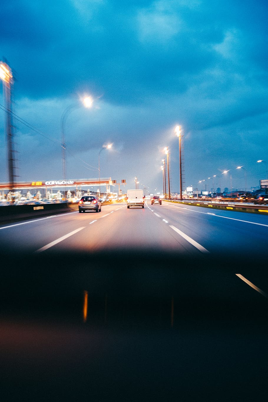 Three Cars Traveling on Road, blur, bridge, clouds, downtown HD wallpaper