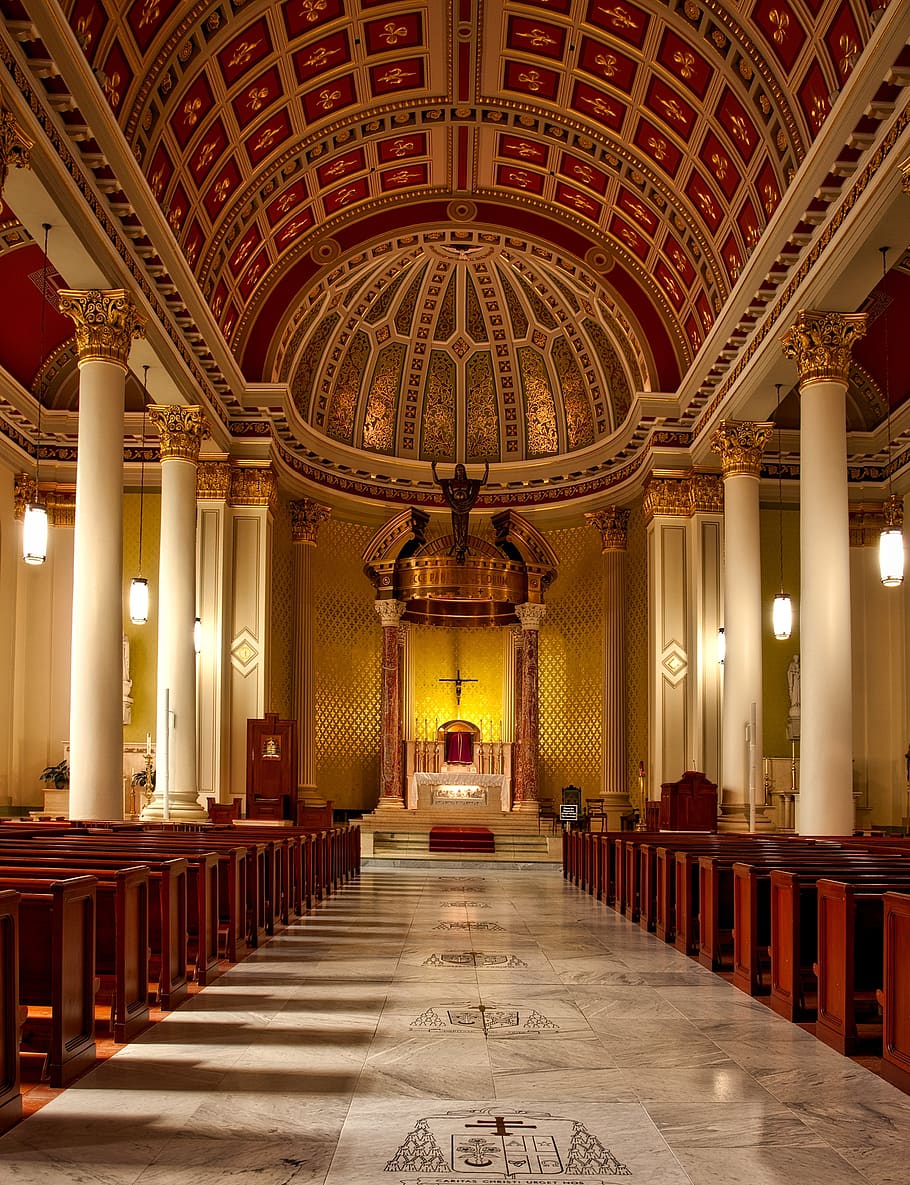 Empty Cathedral Seats and Hallway With Lights Turned on, aisle HD wallpaper